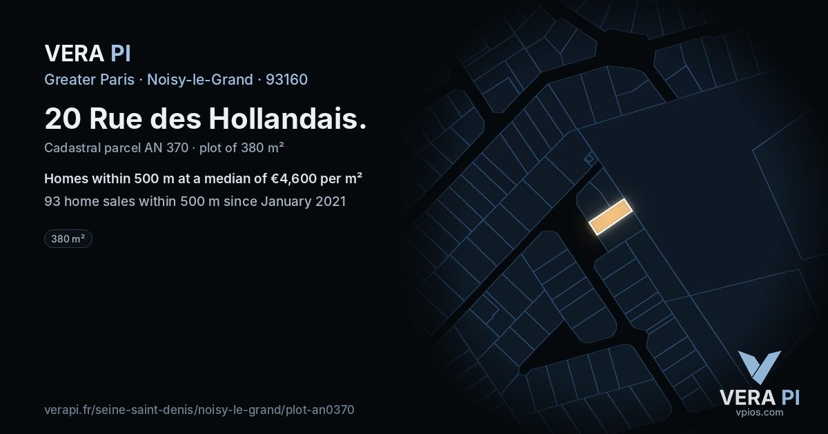 20 Rue des Hollandais, Noisy-le-Grand at night – the plot lit, the parcels around coloured by the prices near them