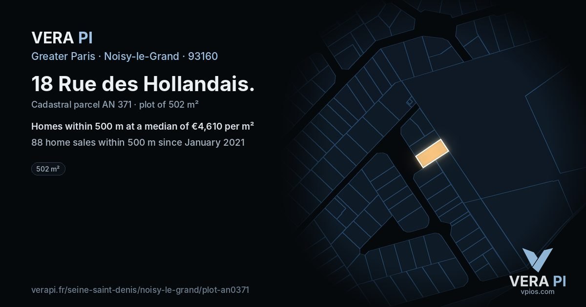 18 Rue des Hollandais, Noisy-le-Grand at night – the plot lit, the parcels around coloured by the prices near them