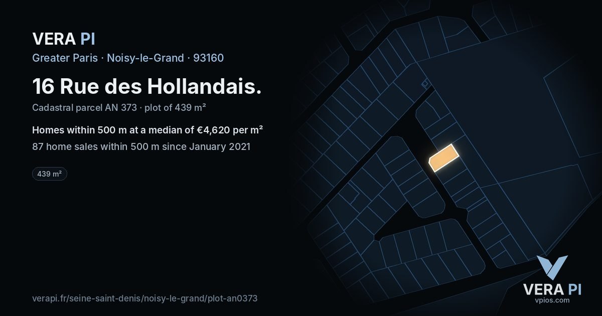 16 Rue des Hollandais, Noisy-le-Grand at night – the plot lit, the parcels around coloured by the prices near them