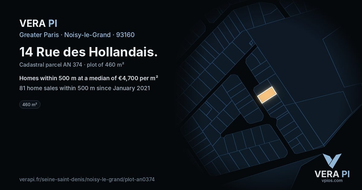 14 Rue des Hollandais, Noisy-le-Grand at night – the plot lit, the parcels around coloured by the prices near them