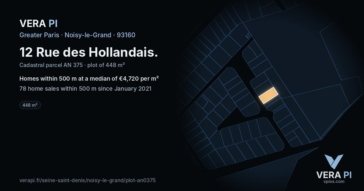 12 Rue des Hollandais, Noisy-le-Grand at night – the plot lit, the parcels around coloured by the prices near them