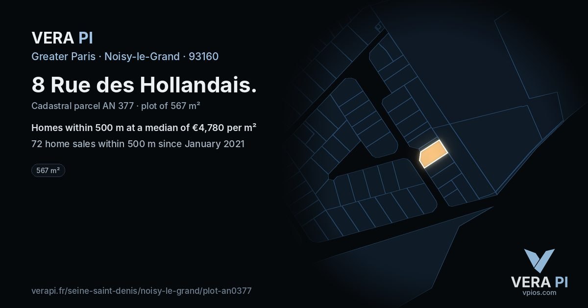 8 Rue des Hollandais, Noisy-le-Grand at night – the plot lit, the parcels around coloured by the prices near them