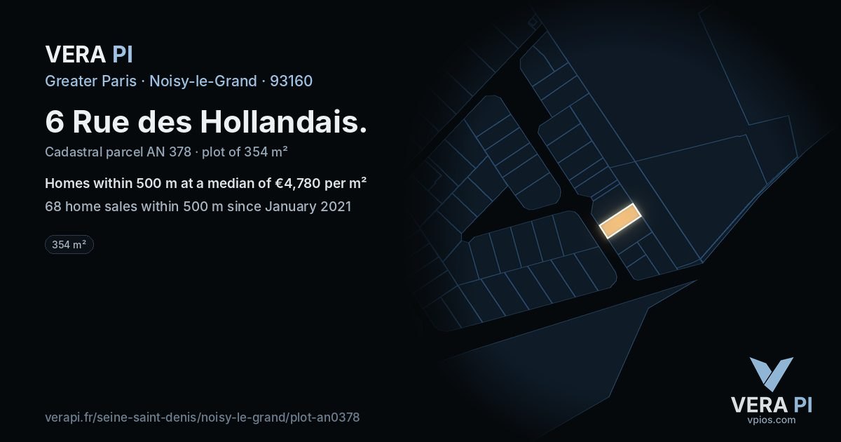 6 Rue des Hollandais, Noisy-le-Grand at night – the plot lit, the parcels around coloured by the prices near them