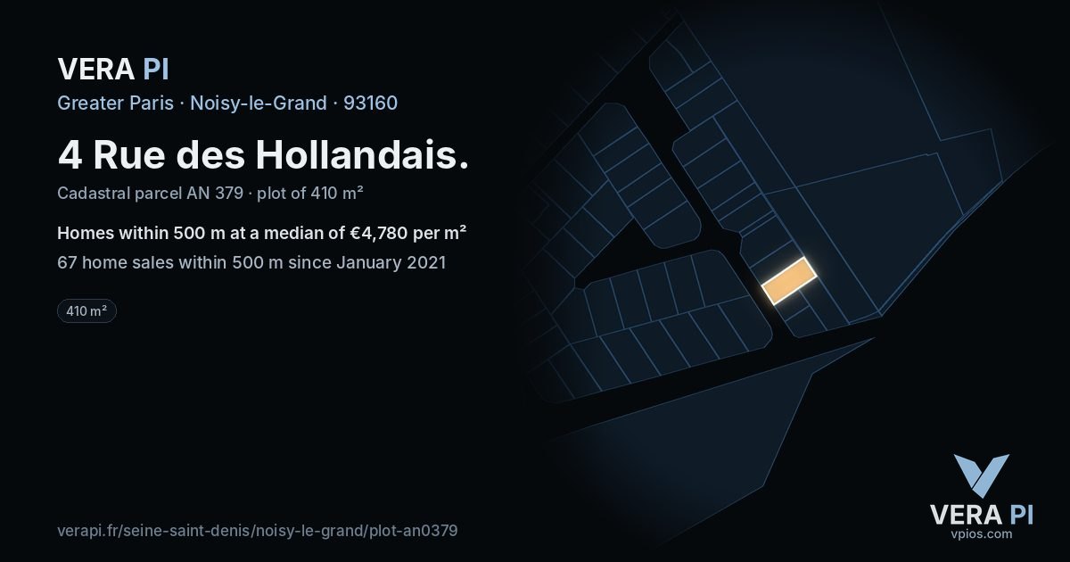 4 Rue des Hollandais, Noisy-le-Grand at night – the plot lit, the parcels around coloured by the prices near them