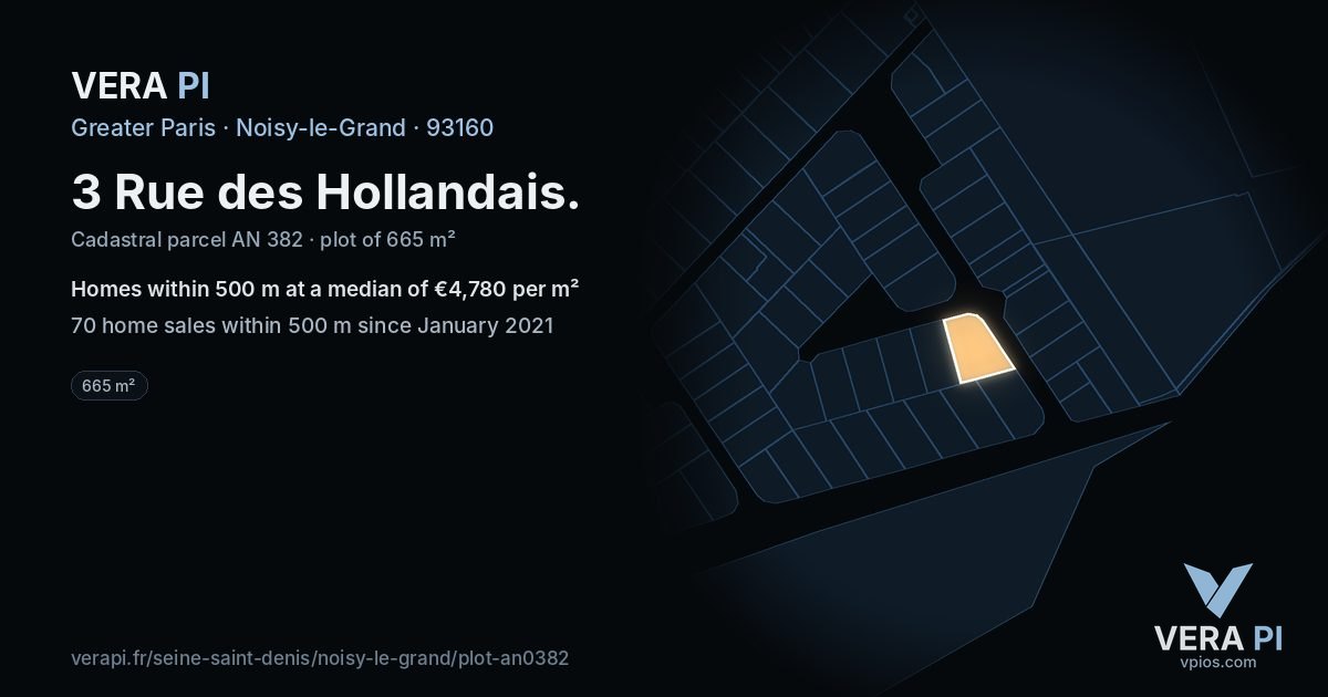 3 Rue des Hollandais, Noisy-le-Grand at night – the plot lit, the parcels around coloured by the prices near them