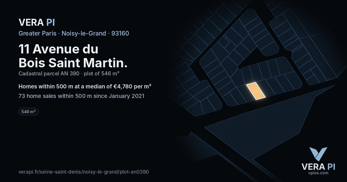 11 Avenue du Bois Saint Martin, Noisy-le-Grand at night – the plot lit, the parcels around coloured by the prices near them