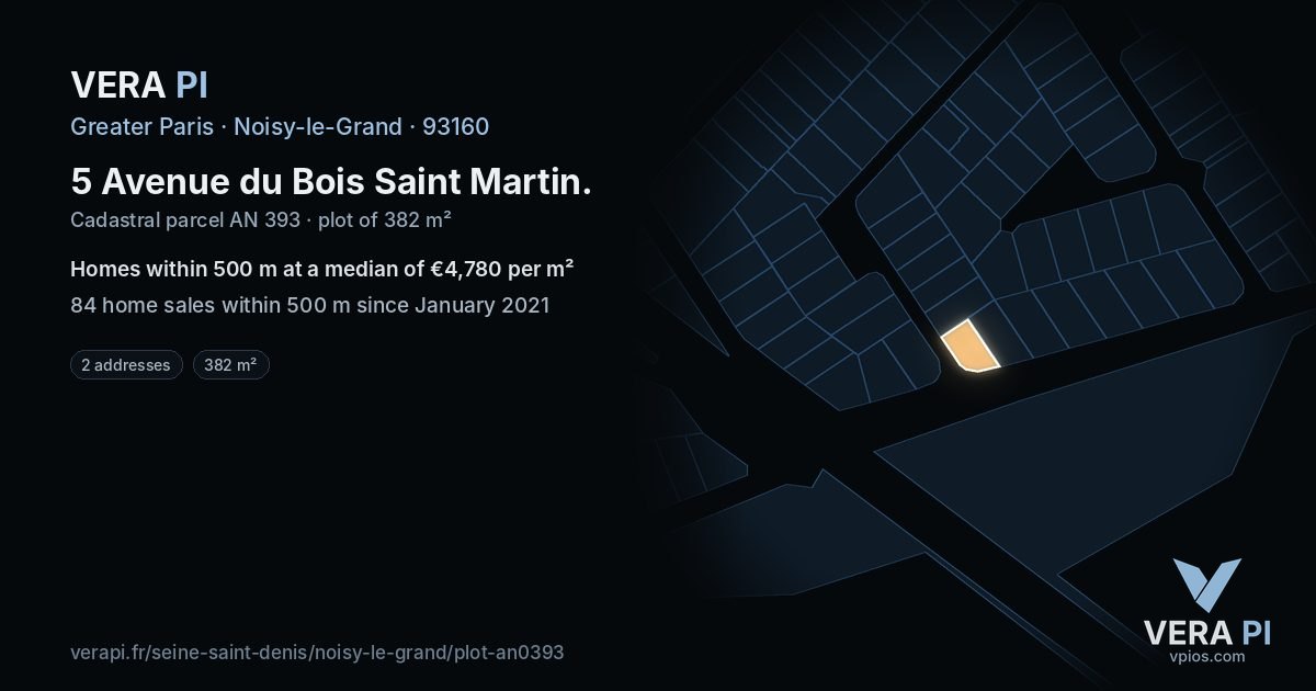 5 Avenue du Bois Saint Martin, Noisy-le-Grand at night – the plot lit, the parcels around coloured by the prices near them
