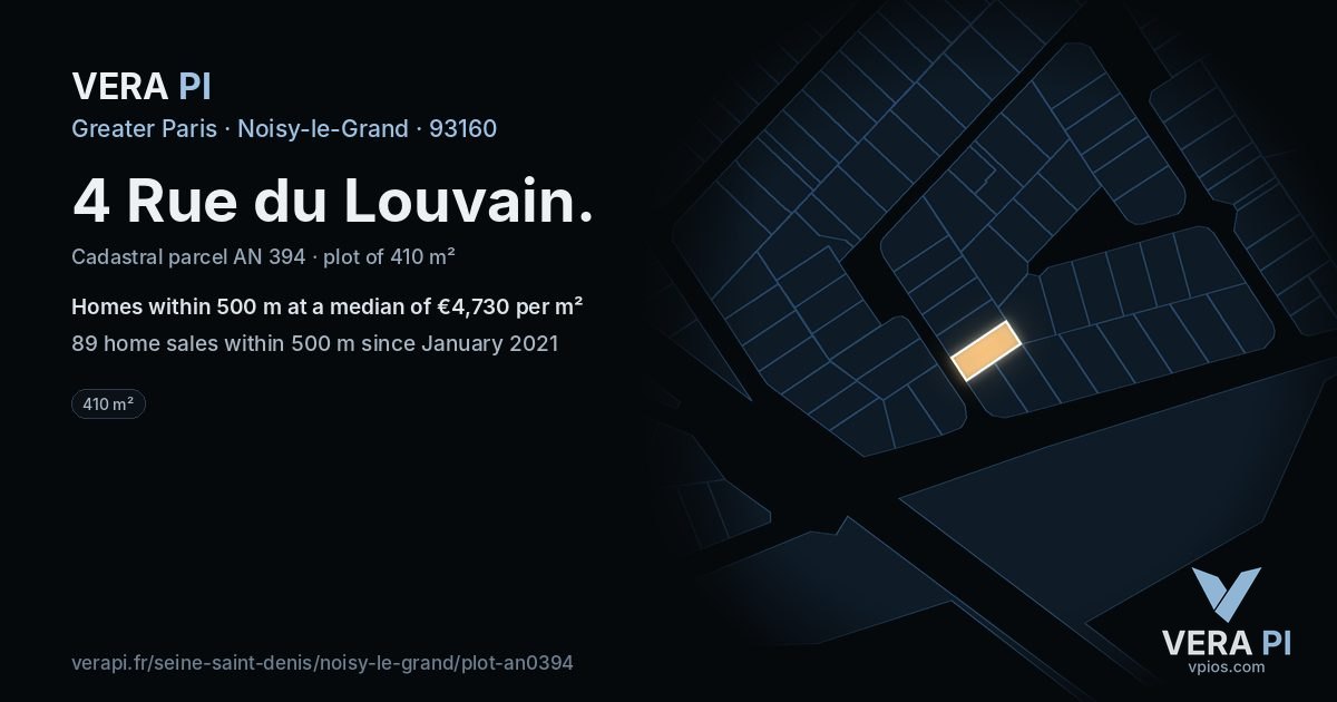 4 Rue du Louvain, Noisy-le-Grand at night – the plot lit, the parcels around coloured by the prices near them