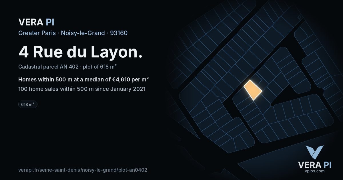 4 Rue du Layon, Noisy-le-Grand at night – the plot lit, the parcels around coloured by the prices near them