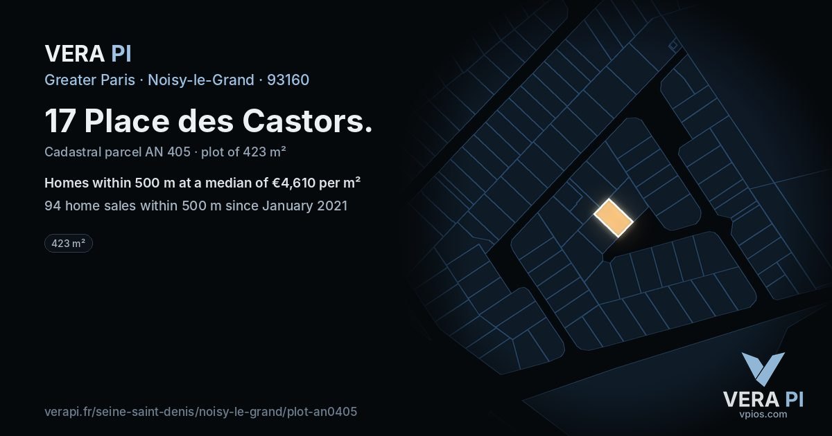 17 Place des Castors, Noisy-le-Grand at night – the plot lit, the parcels around coloured by the prices near them