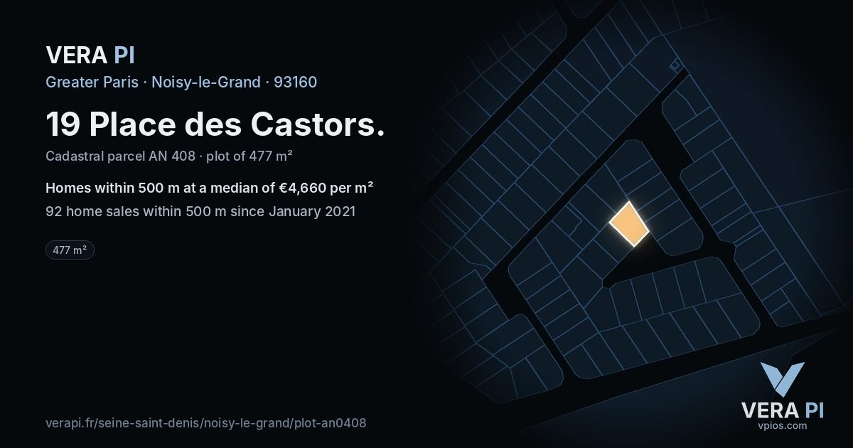 19 Place des Castors, Noisy-le-Grand at night – the plot lit, the parcels around coloured by the prices near them