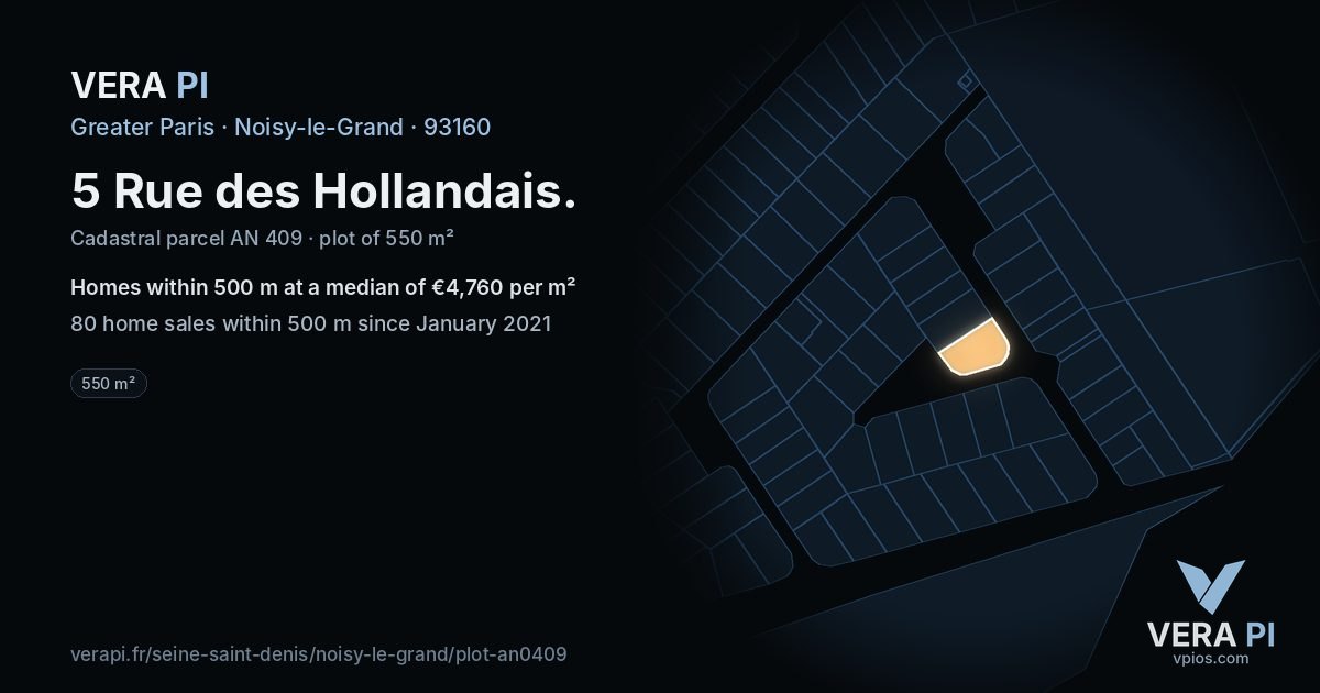 5 Rue des Hollandais, Noisy-le-Grand at night – the plot lit, the parcels around coloured by the prices near them
