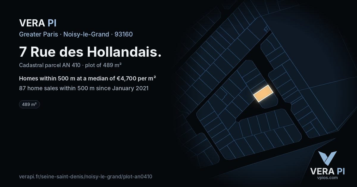 7 Rue des Hollandais, Noisy-le-Grand at night – the plot lit, the parcels around coloured by the prices near them