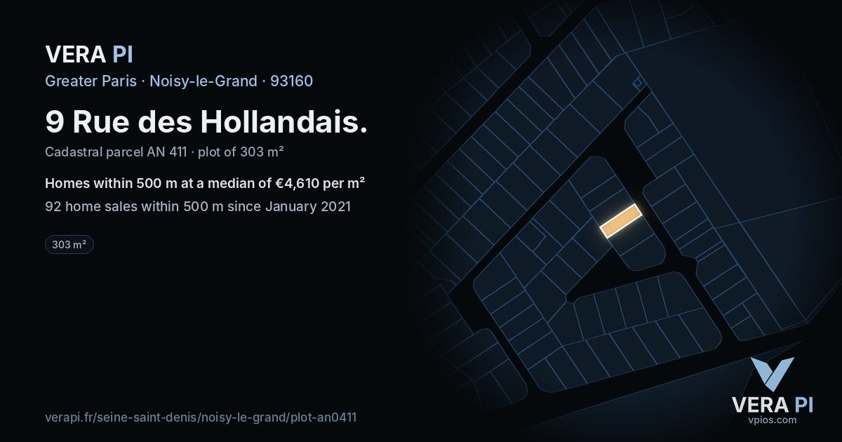 9 Rue des Hollandais, Noisy-le-Grand at night – the plot lit, the parcels around coloured by the prices near them