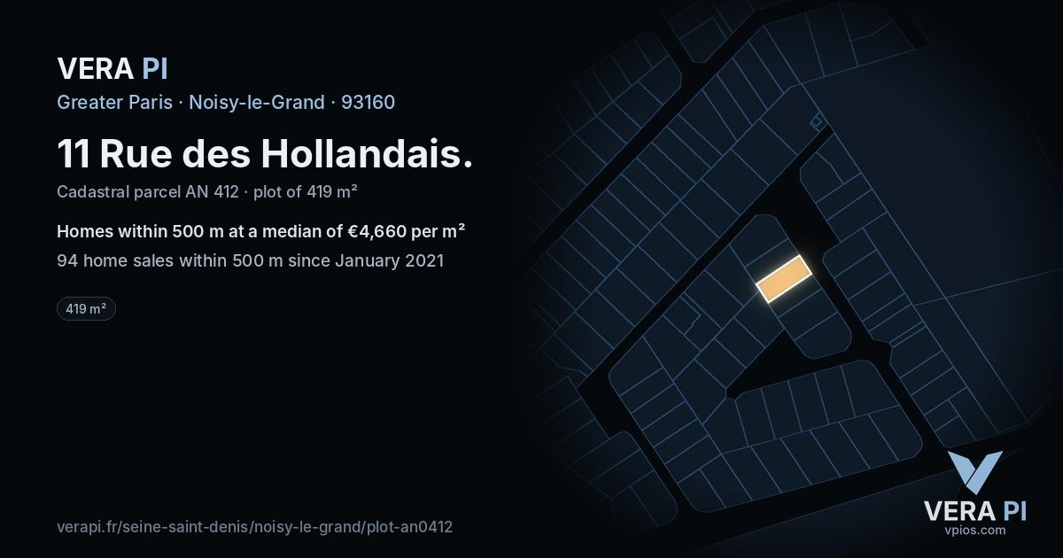 11 Rue des Hollandais, Noisy-le-Grand at night – the plot lit, the parcels around coloured by the prices near them