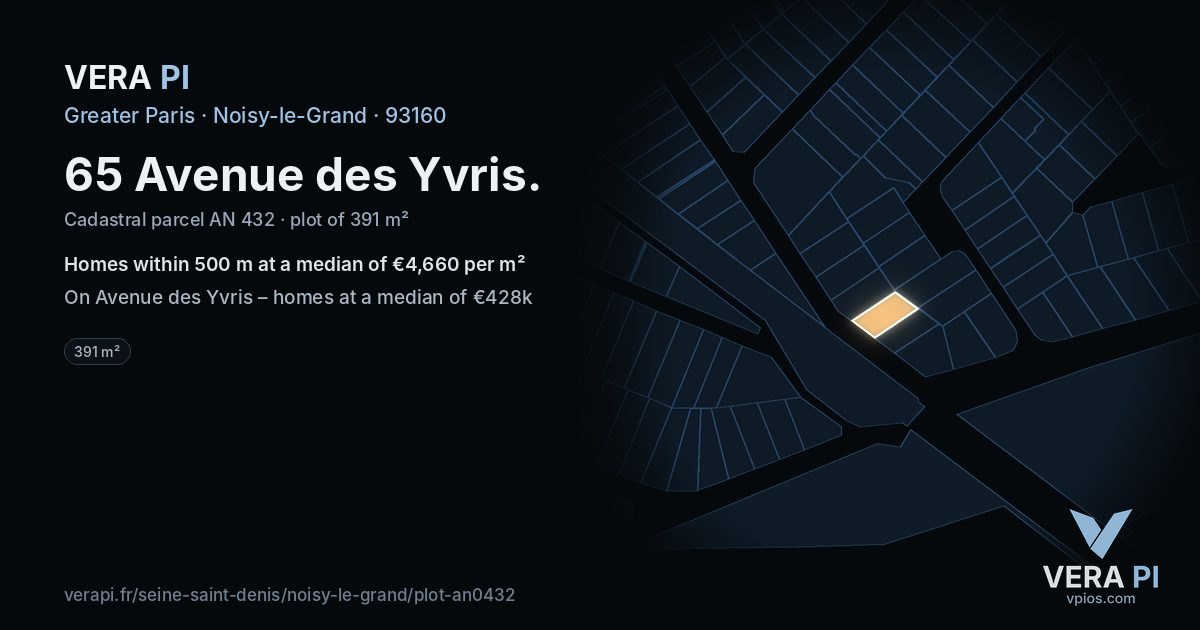 65 Avenue des Yvris, Noisy-le-Grand at night – the plot lit, the parcels around coloured by the prices near them