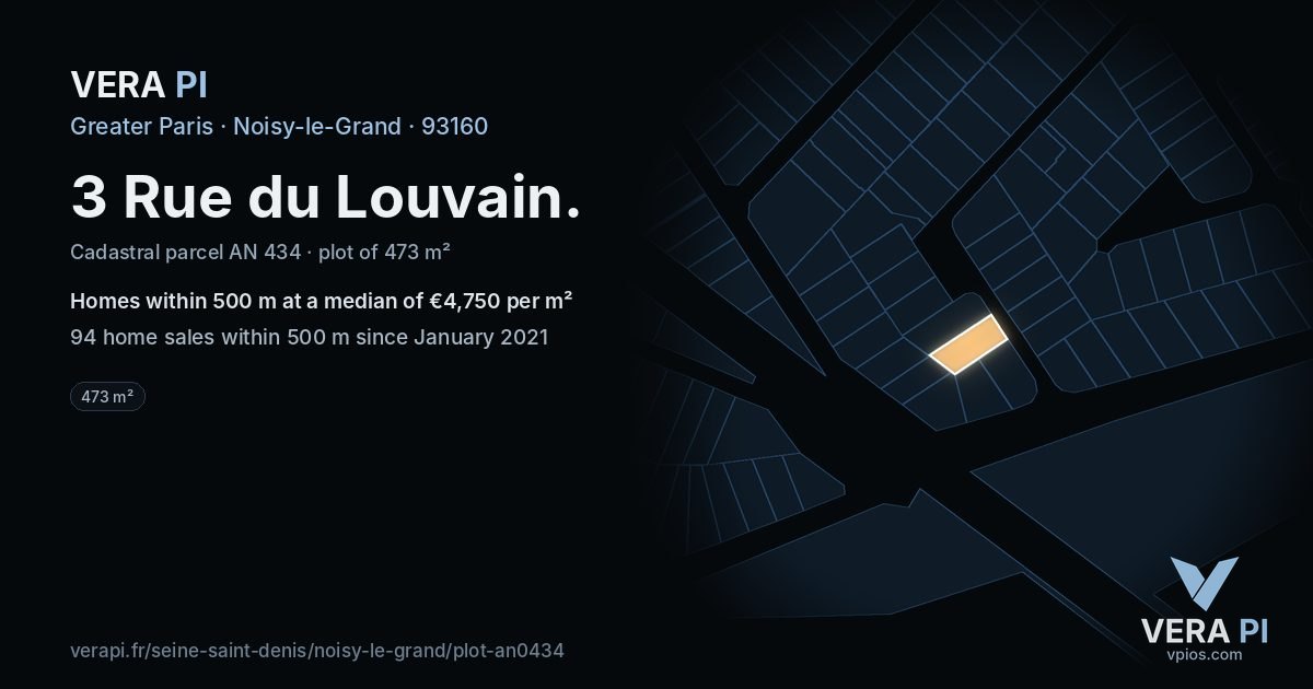 3 Rue du Louvain, Noisy-le-Grand at night – the plot lit, the parcels around coloured by the prices near them