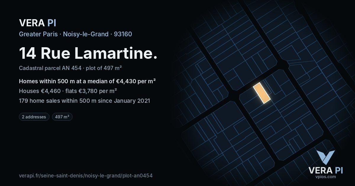 14 Rue Lamartine, Noisy-le-Grand at night – the plot lit, the parcels around coloured by the prices near them