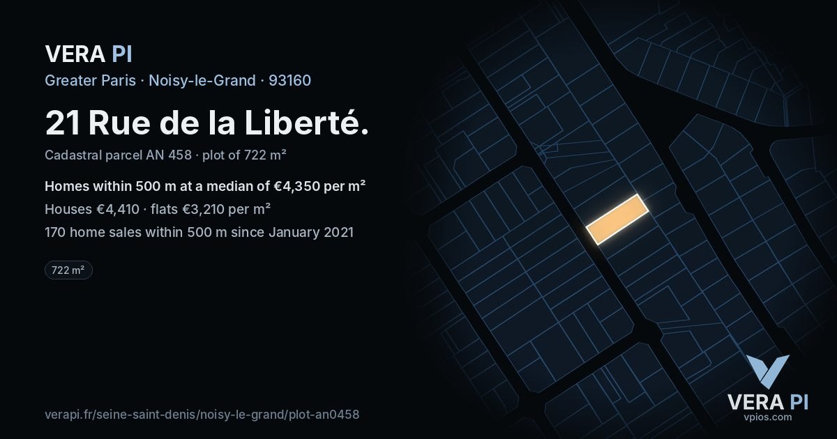 21 Rue de la Liberté, Noisy-le-Grand at night – the plot lit, the parcels around coloured by the prices near them