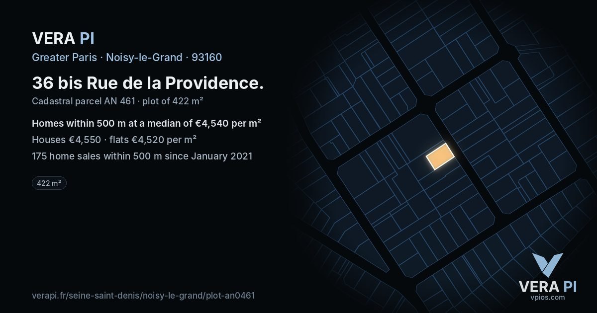 36 bis Rue de la Providence, Noisy-le-Grand at night – the plot lit, the parcels around coloured by the prices near them