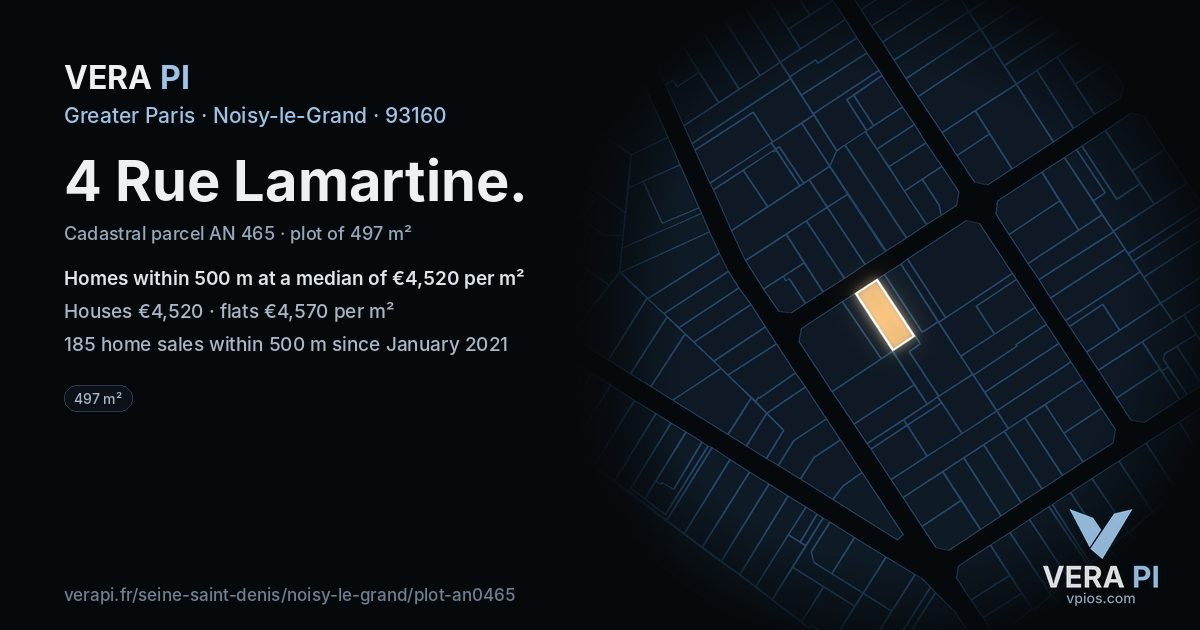 4 Rue Lamartine, Noisy-le-Grand at night – the plot lit, the parcels around coloured by the prices near them