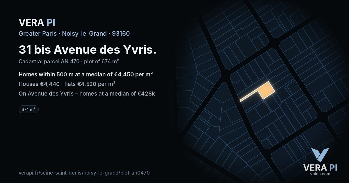 31 bis Avenue des Yvris, Noisy-le-Grand at night – the plot lit, the parcels around coloured by the prices near them
