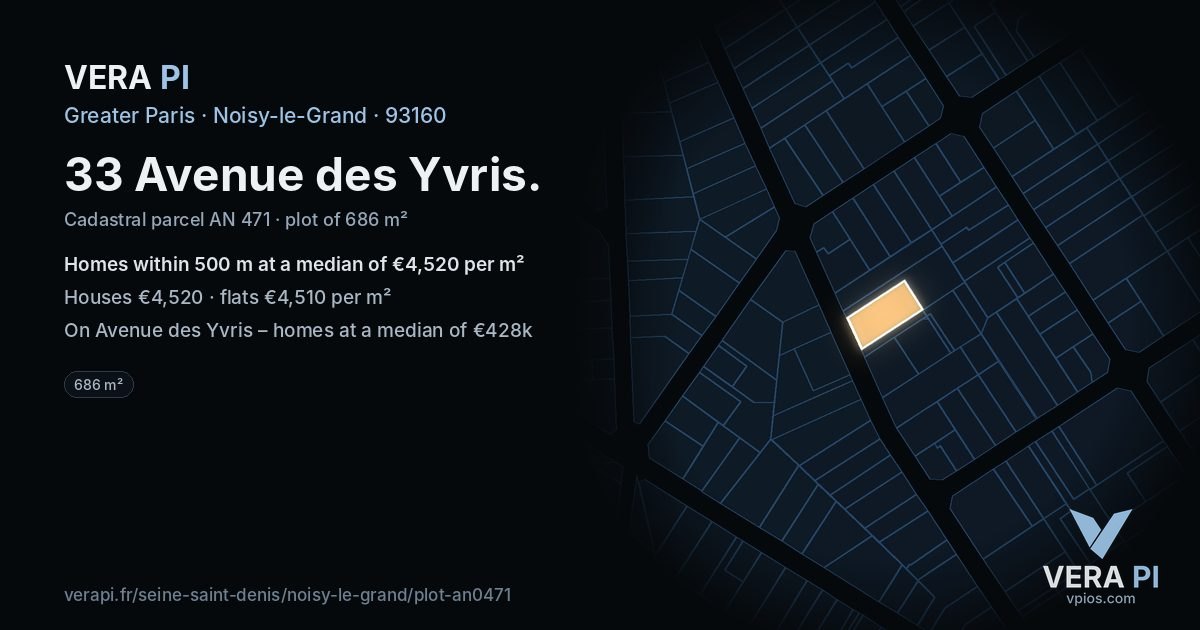 33 Avenue des Yvris, Noisy-le-Grand at night – the plot lit, the parcels around coloured by the prices near them