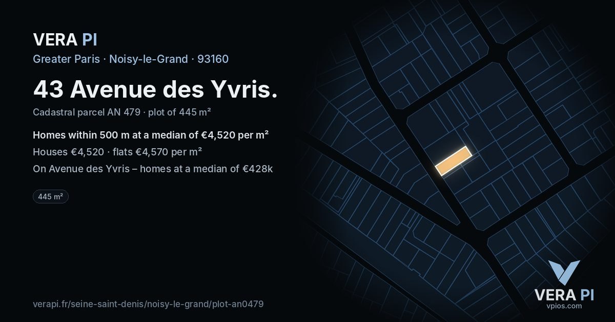 43 Avenue des Yvris, Noisy-le-Grand at night – the plot lit, the parcels around coloured by the prices near them