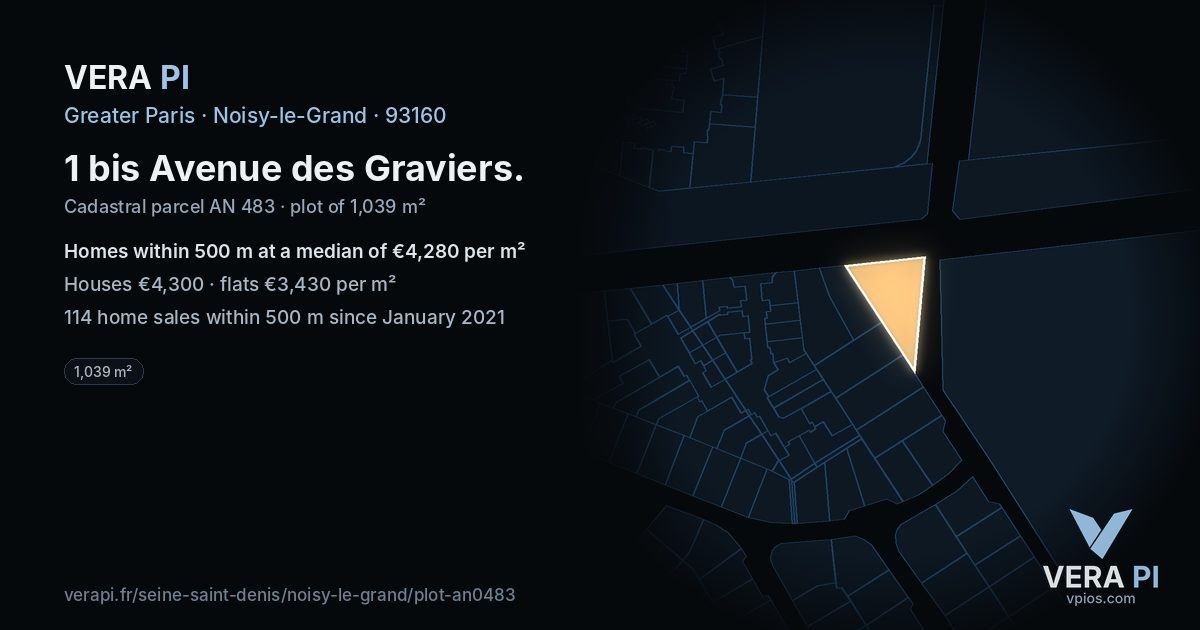 1 bis Avenue des Graviers, Noisy-le-Grand at night – the plot lit, the parcels around coloured by the prices near them