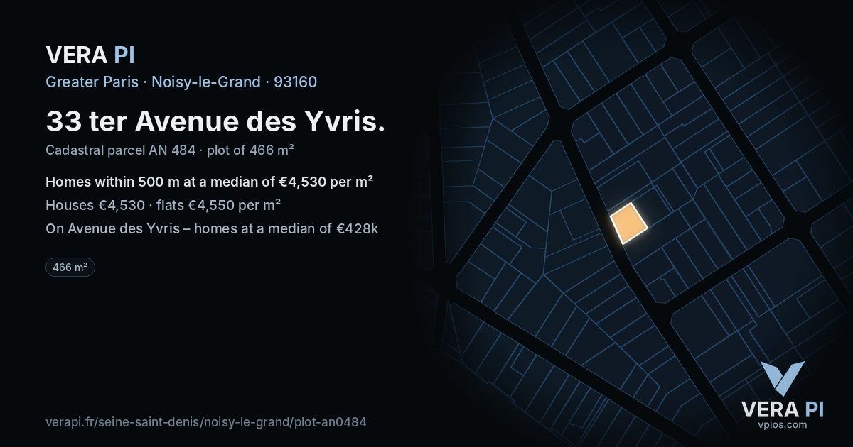 33 ter Avenue des Yvris, Noisy-le-Grand at night – the plot lit, the parcels around coloured by the prices near them