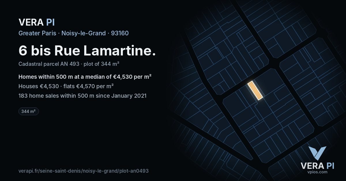 6 bis Rue Lamartine, Noisy-le-Grand at night – the plot lit, the parcels around coloured by the prices near them