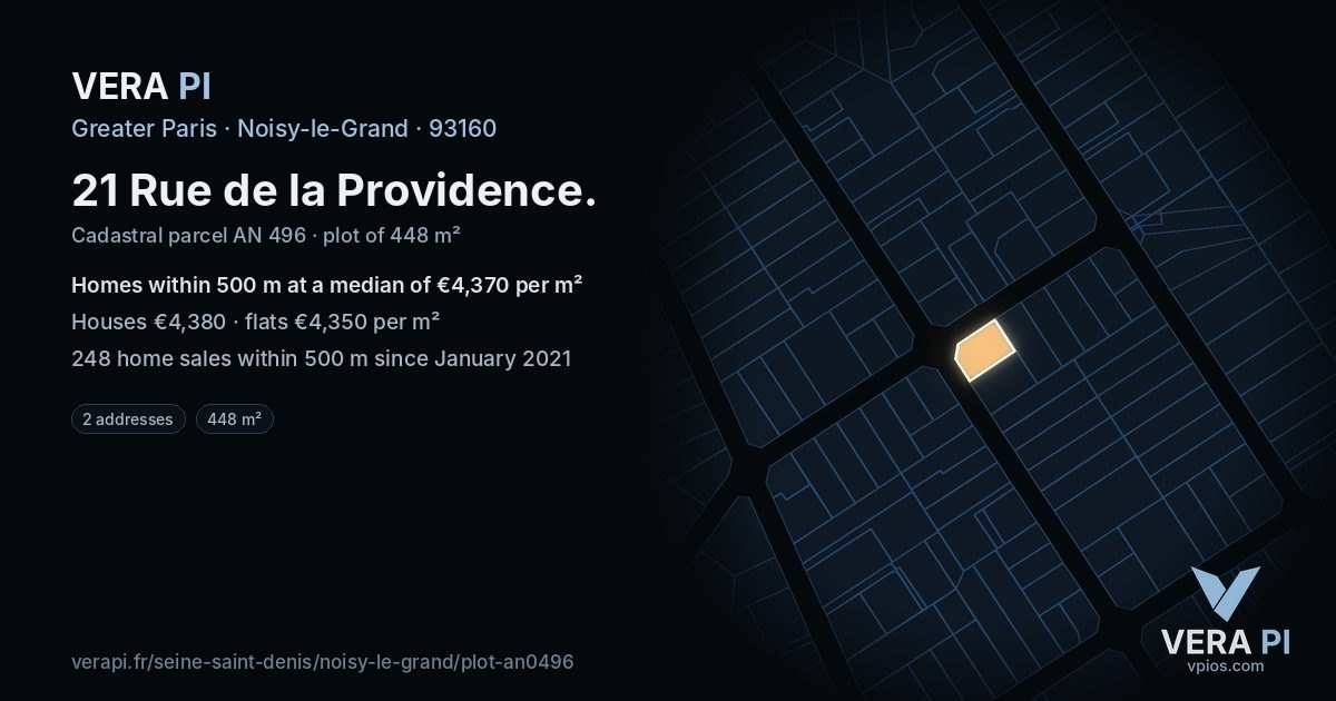 21 Rue de la Providence, Noisy-le-Grand at night – the plot lit, the parcels around coloured by the prices near them