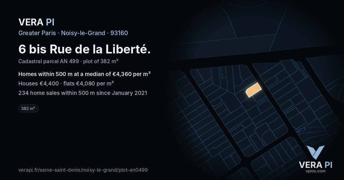 6 bis Rue de la Liberté, Noisy-le-Grand at night – the plot lit, the parcels around coloured by the prices near them
