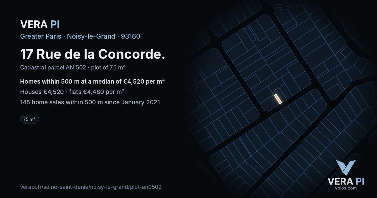 17 Rue de la Concorde, Noisy-le-Grand at night – the plot lit, the parcels around coloured by the prices near them