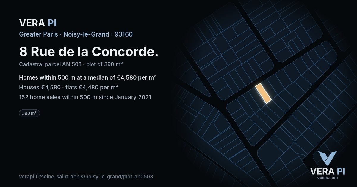 8 Rue de la Concorde, Noisy-le-Grand at night – the plot lit, the parcels around coloured by the prices near them