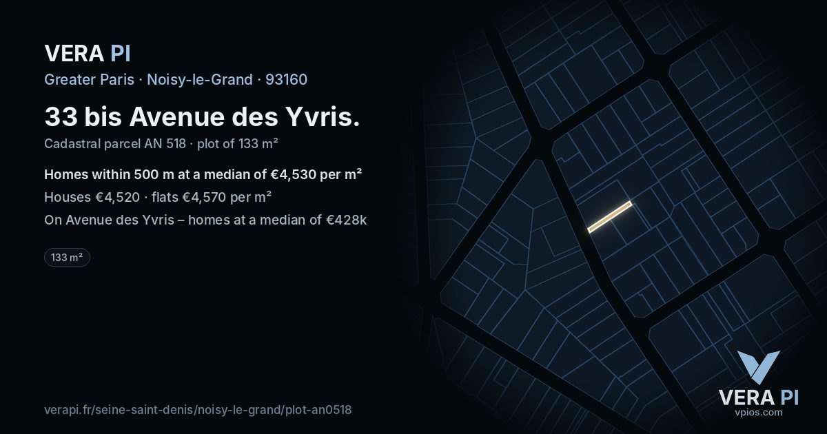 33 bis Avenue des Yvris, Noisy-le-Grand at night – the plot lit, the parcels around coloured by the prices near them