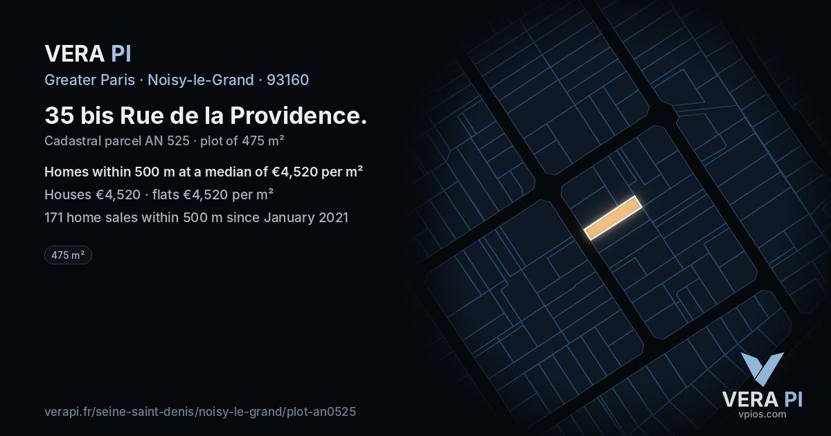 35 bis Rue de la Providence, Noisy-le-Grand at night – the plot lit, the parcels around coloured by the prices near them