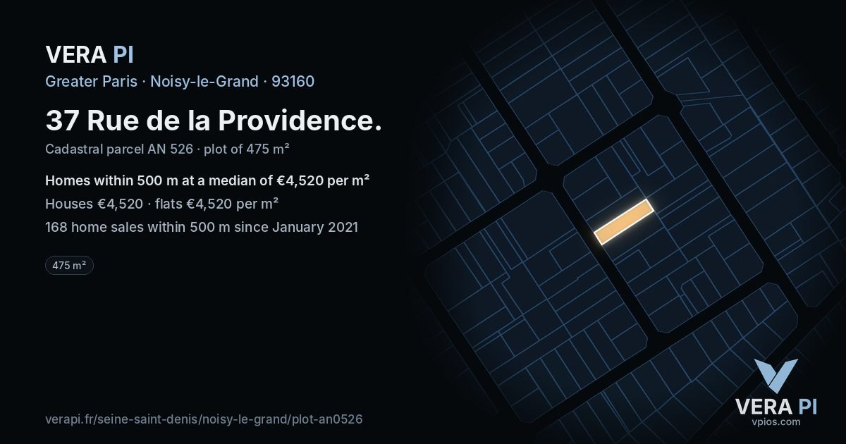 37 Rue de la Providence, Noisy-le-Grand at night – the plot lit, the parcels around coloured by the prices near them