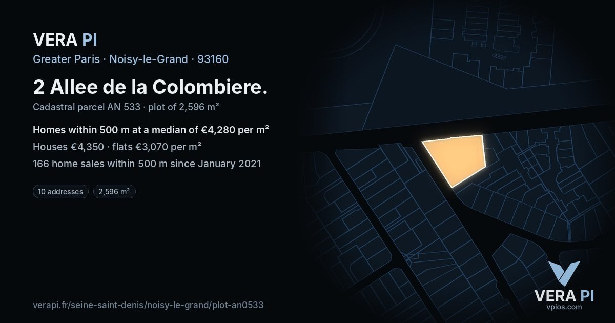 2 Allee de la Colombiere, Noisy-le-Grand at night – the plot lit, the parcels around coloured by the prices near them