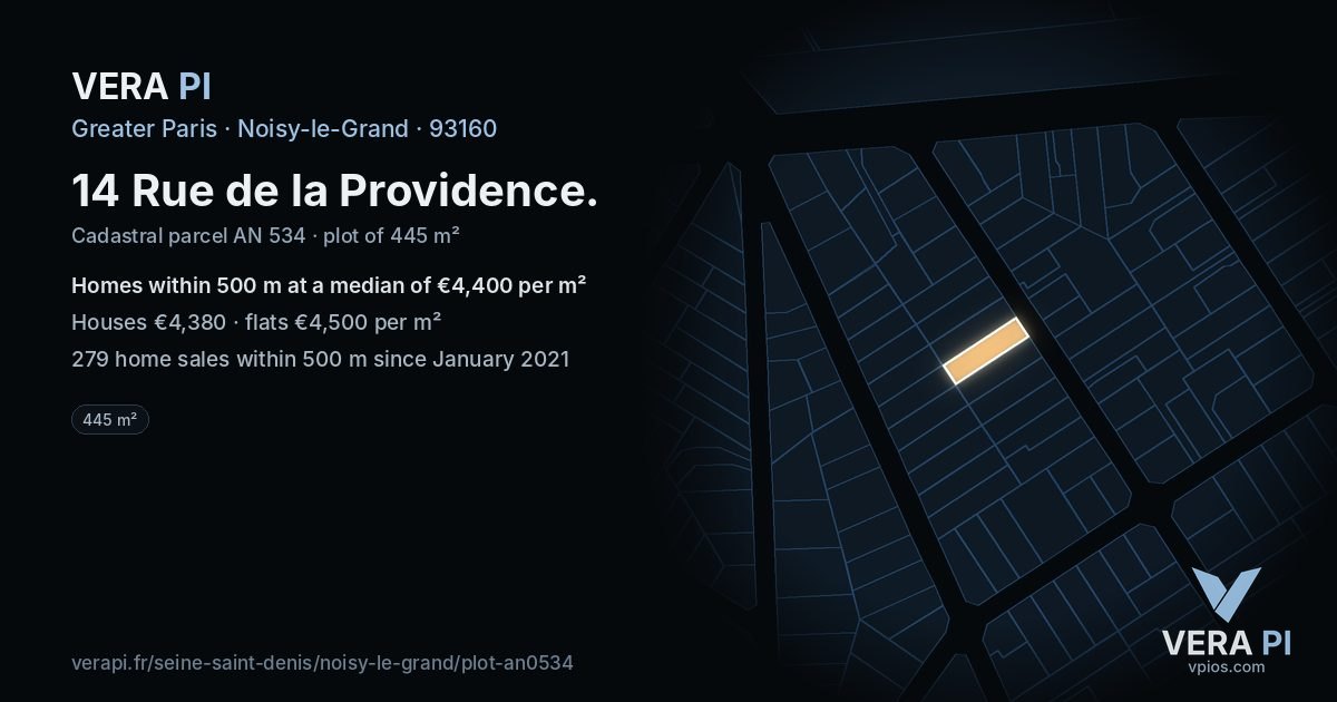 14 Rue de la Providence, Noisy-le-Grand at night – the plot lit, the parcels around coloured by the prices near them