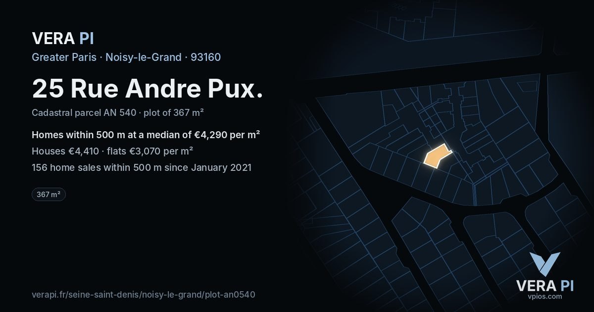 25 Rue Andre Pux, Noisy-le-Grand at night – the plot lit, the parcels around coloured by the prices near them