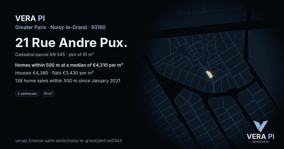 21 Rue Andre Pux, Noisy-le-Grand at night – the plot lit, the parcels around coloured by the prices near them