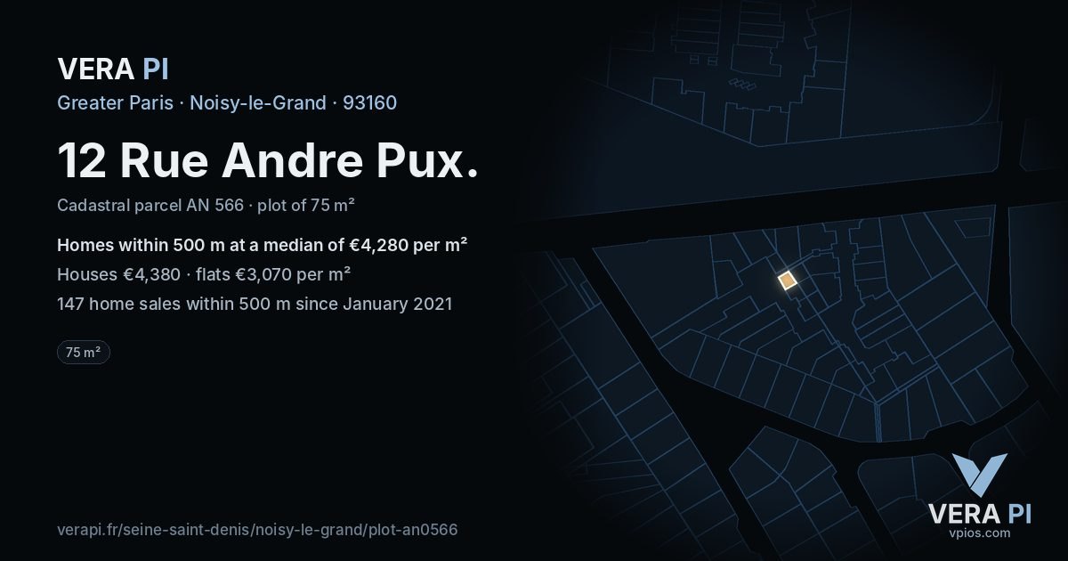 12 Rue Andre Pux, Noisy-le-Grand at night – the plot lit, the parcels around coloured by the prices near them