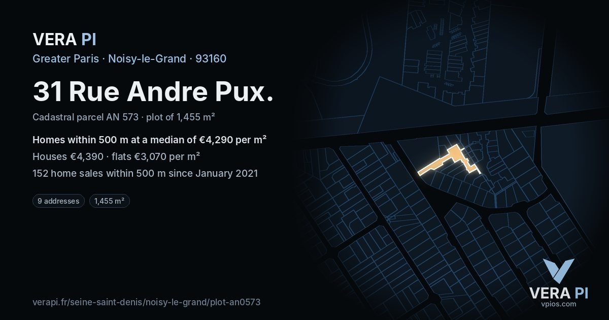 31 Rue Andre Pux, Noisy-le-Grand at night – the plot lit, the parcels around coloured by the prices near them