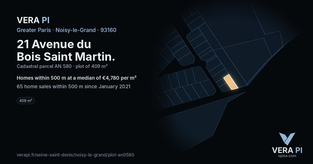 21 Avenue du Bois Saint Martin, Noisy-le-Grand at night – the plot lit, the parcels around coloured by the prices near them