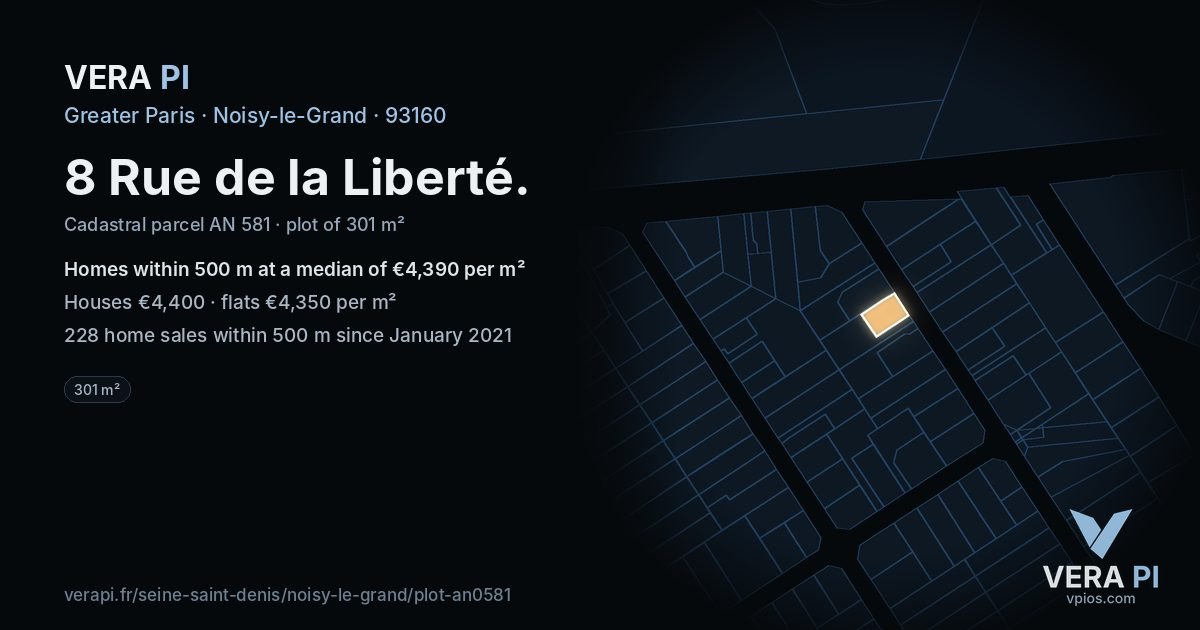 8 Rue de la Liberté, Noisy-le-Grand at night – the plot lit, the parcels around coloured by the prices near them