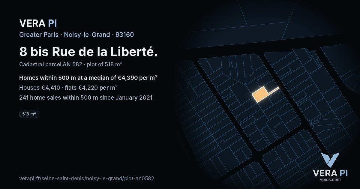 8 bis Rue de la Liberté, Noisy-le-Grand at night – the plot lit, the parcels around coloured by the prices near them