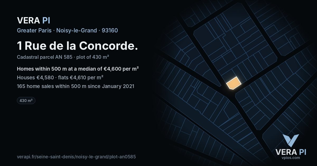 1 Rue de la Concorde, Noisy-le-Grand at night – the plot lit, the parcels around coloured by the prices near them