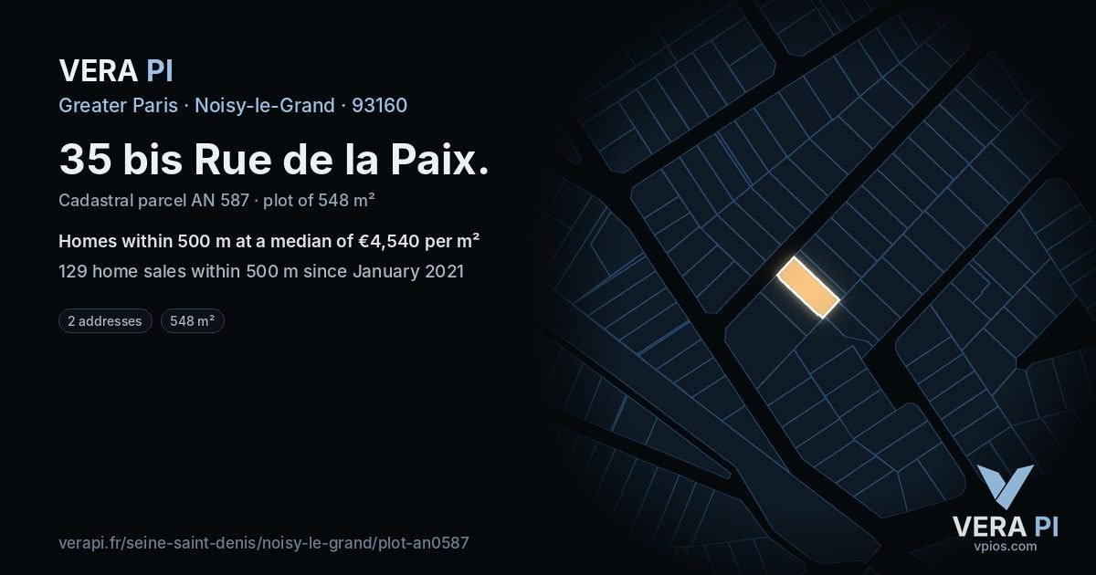 35 bis Rue de la Paix, Noisy-le-Grand at night – the plot lit, the parcels around coloured by the prices near them
