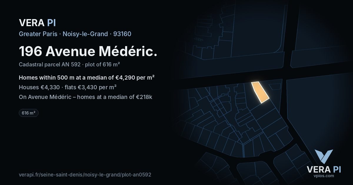 196 Avenue Médéric, Noisy-le-Grand at night – the plot lit, the parcels around coloured by the prices near them